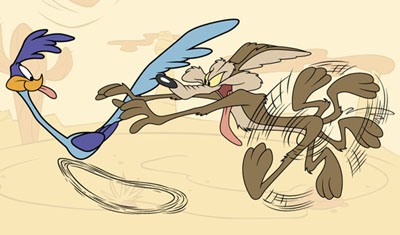 Cartoon coyote chasing roadrunner