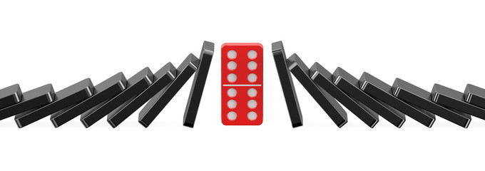 Red domino holding up falling black dominoes
